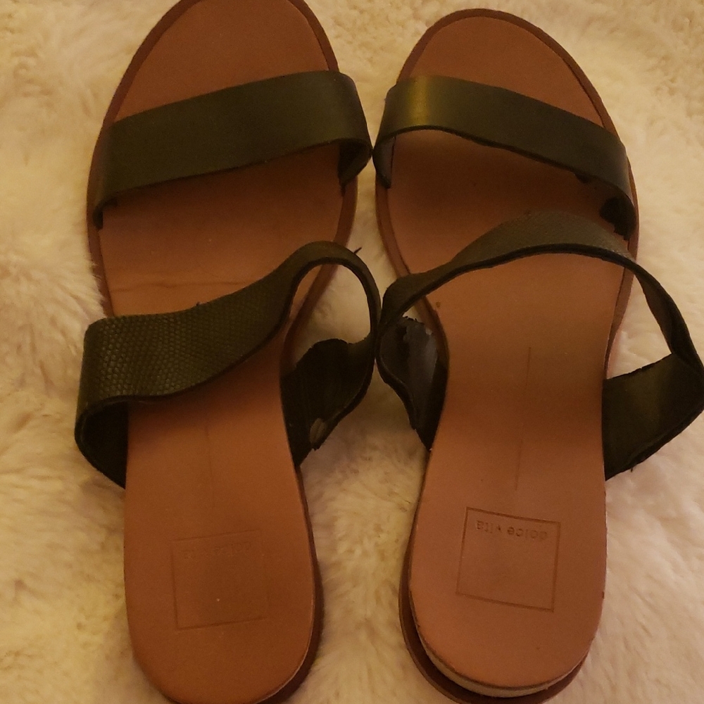 Dolce Vita Olive Green Two-Strap Leather Slide Sandals